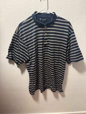 Vintage Oxford Golf Navy Blue And Cream Striped Short Sleeve Polo. Men’s Large.